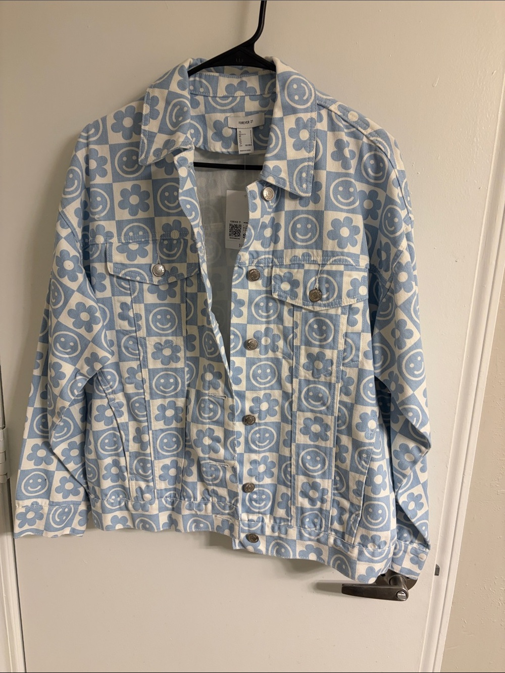 Forever 21 Light Blue and White Smiley & Flower Denim Jacket